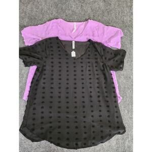 Zenana Womens Large Lot of 2 Short Sleeve Swiss Dot Blouse V-Neck Black Purple